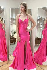 Satin Mermaid Spaghetti Straps Long Prom Dresses With Slit
